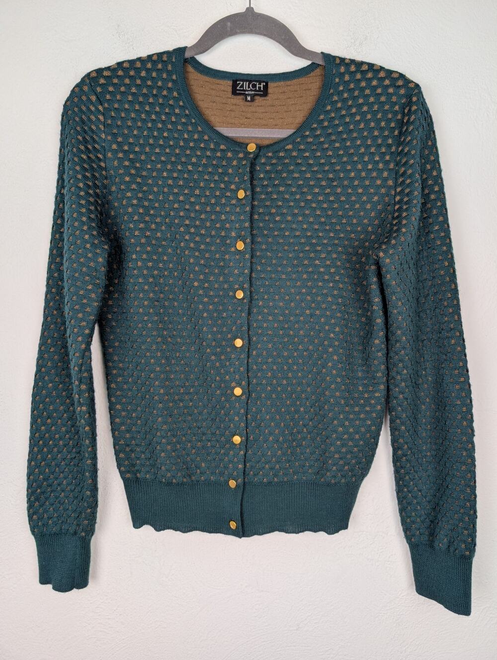 Zilch Amsterdam Sweater Cardigan Polka Dot Metallic Novelty Quirky Green Size M